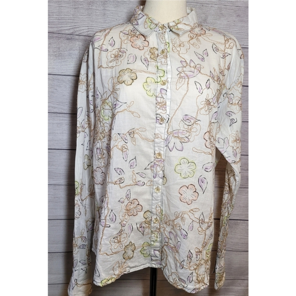 Aura by Wrangler Women's Shirt Size XXL Ivory Gold Long Sleeve Floral Western